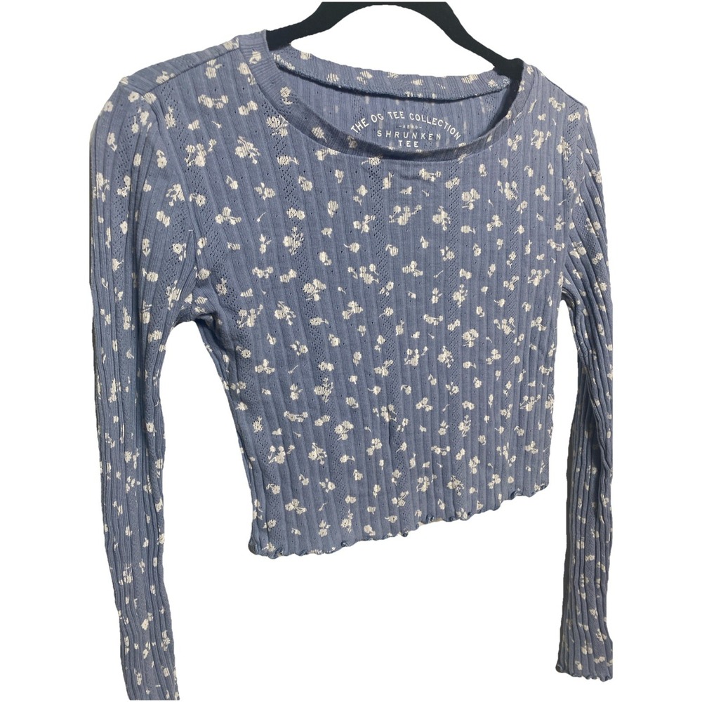 Aeropostale Long‎ Sleeve Floral Pointelle Shrunken Tee 100% Cotton Size Small